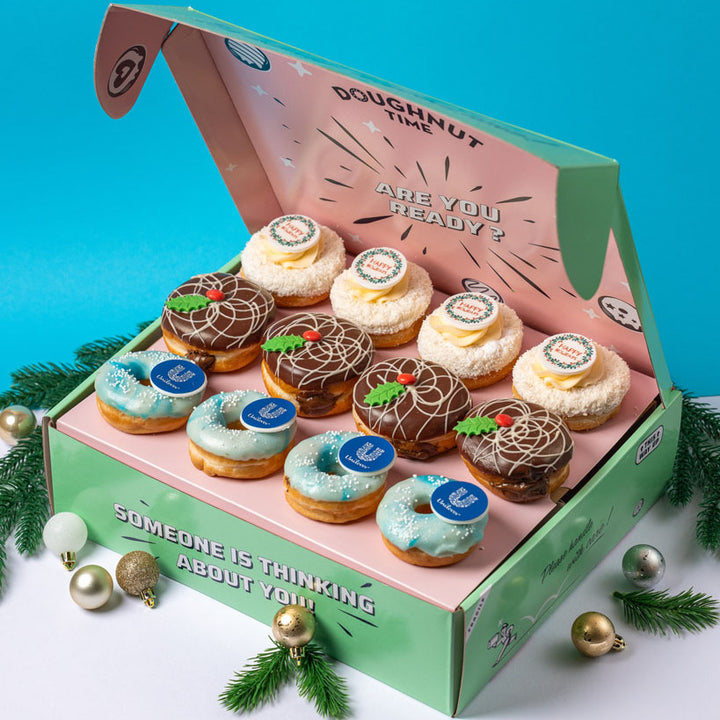 Scatola regalo per mini ciambelle aziendali "Buone Feste" con logo