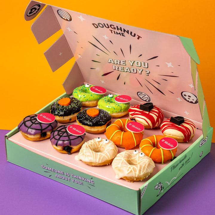 Caja de regalo mini donuts "Halloween corporativo" con logotipo (VG)